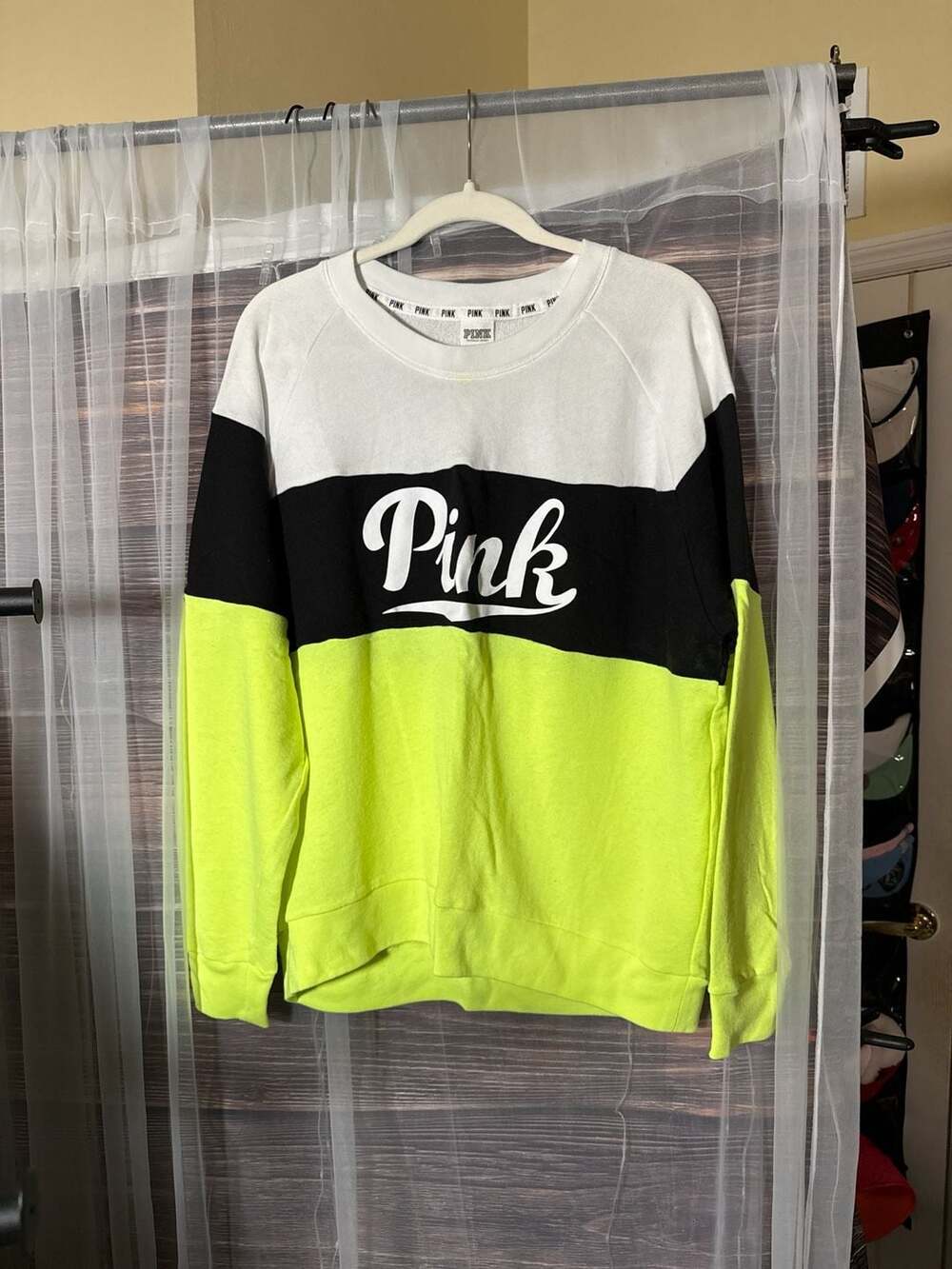 Victoria's Secret PINK Colorblock Varsity Crewneck Sweatshirt L White Black Gree